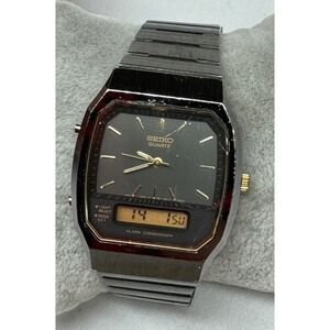 Vintage Men's Seiko H601-5479 Ana+Digi Black Tone Quartz Watch New Battery